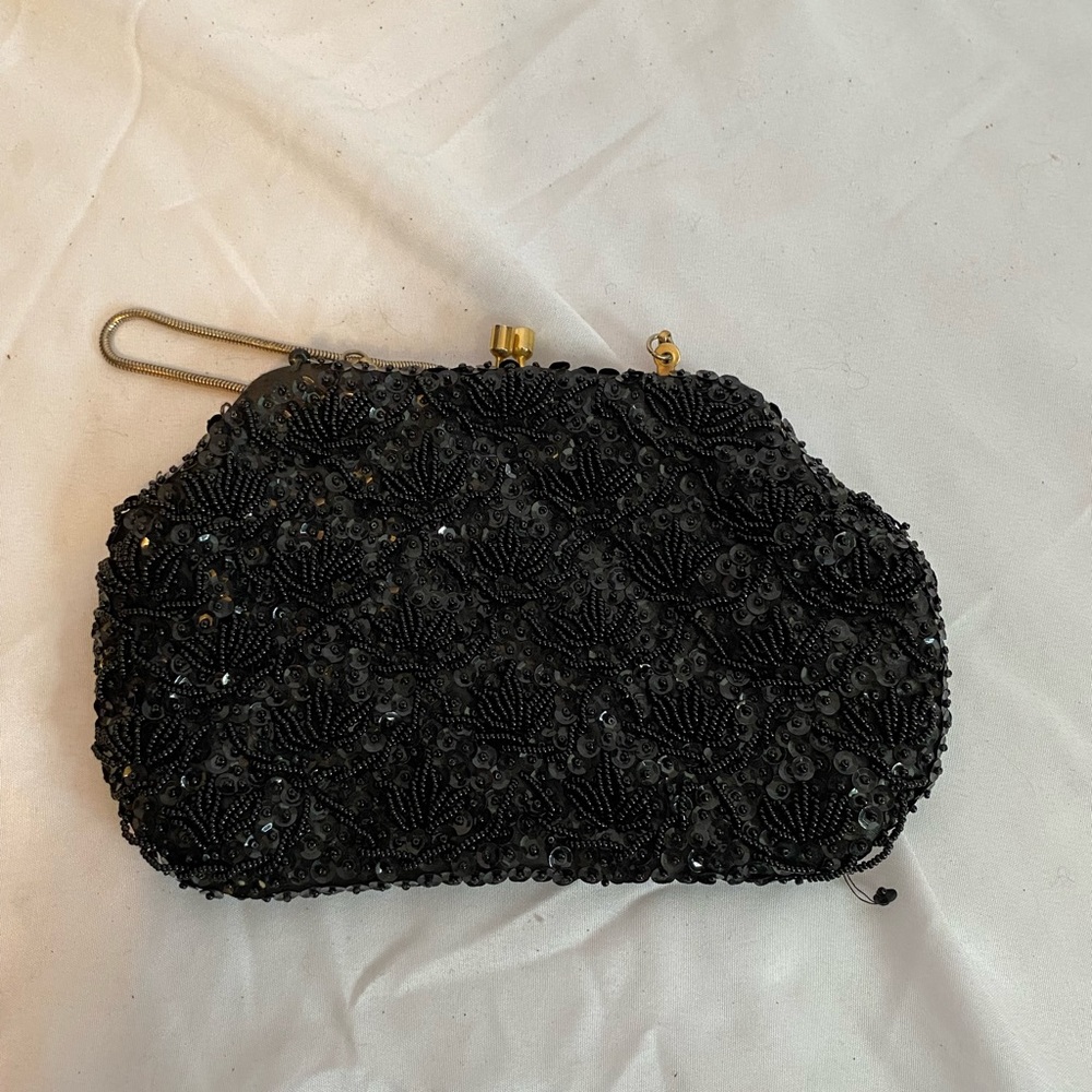 Vintage black silk beaded /sequence evening purse